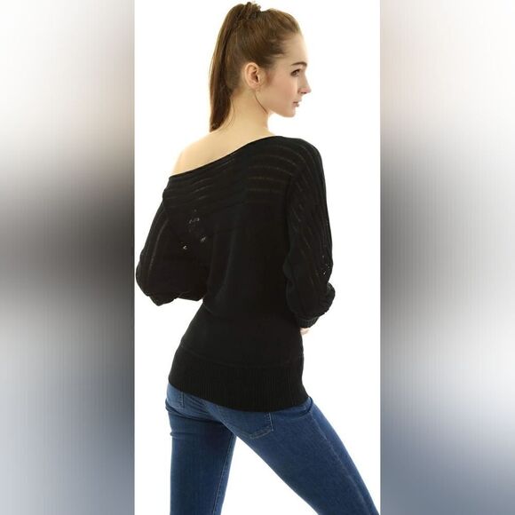 AmélieBoutik Women On Off One Shoulder Semi-Sheer Knit Top Black S - Picture 5 of 10